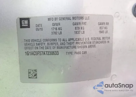 2010 Chevrolet Cobalt Lt из США, поврежденный, VIN 1G1AC5F57A7230633